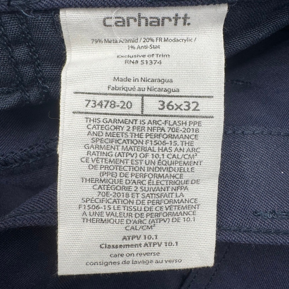 Carhartt FR Flame Resistant Navy Work Pants 36x32 NFPA 2112 CAT 2 GlenGuard 6.4 - Picture 6 of 16